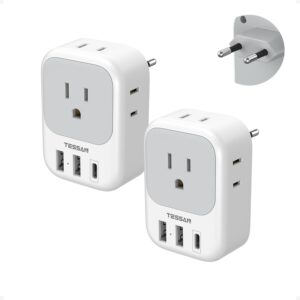 2 pack european plug adapter usb c, tessan us to europe adapter 4 outlets 3 usb charger, type c international power adaptor to italy spain france portugal iceland germany, europe travel essentials